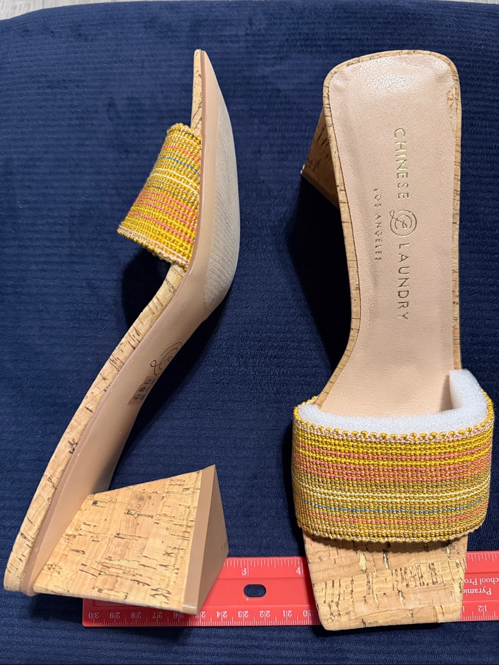 Chinese Laundry Woven Yellow Multi-Stripe Cork Block Heel Mules